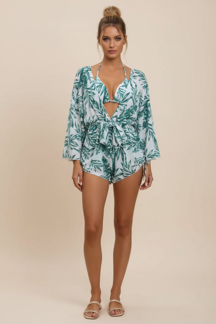 Tropisches Blumenmuster-Bikini-Set mit hoher Taille, dreiteilig, mit transparentem Romper als Überwurf