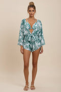 Tropisches Blumenmuster-Bikini-Set mit hoher Taille, dreiteilig, mit transparentem Romper als Überwurf