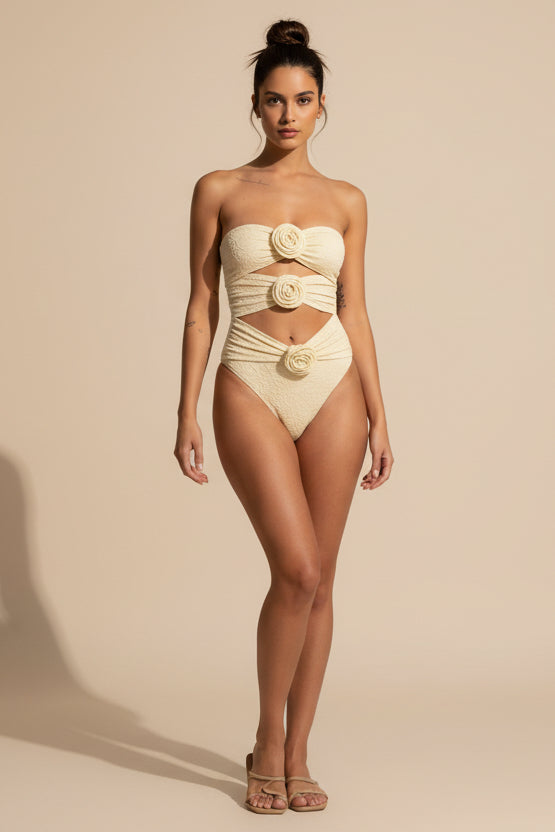 Solid Color One‑Piece Swimsuit with 3D Flower