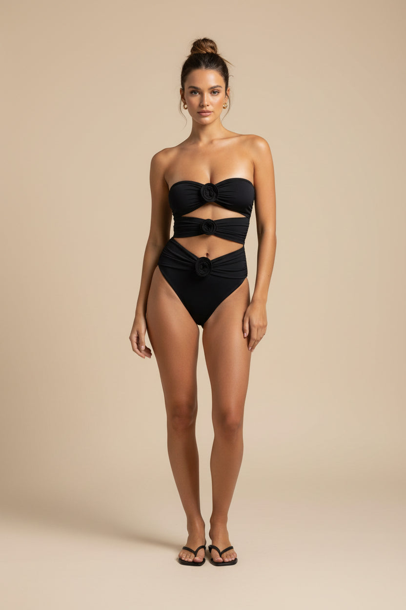 Solid Color One‑Piece Swimsuit with 3D Flower
