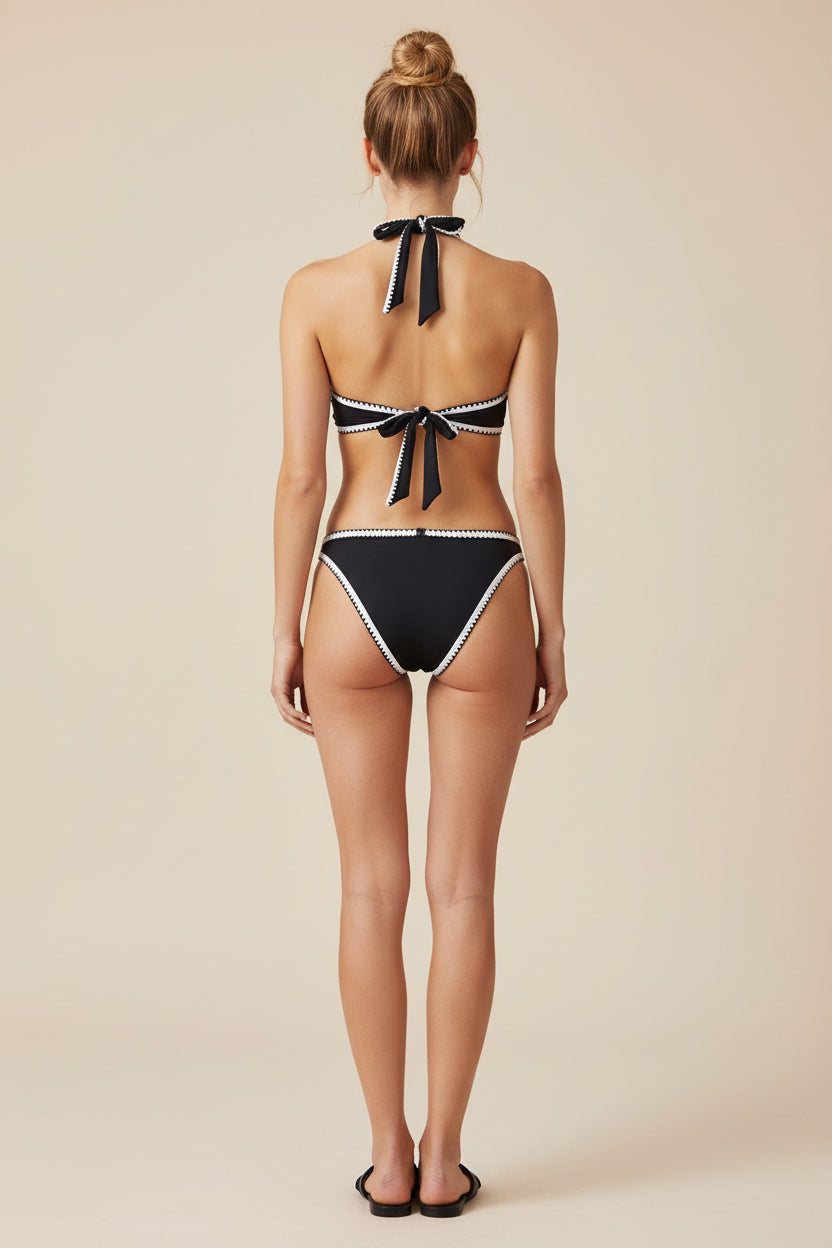 Schwarz Kontrast Neckholder Bikini Zweiteiliges Schwimm-Set