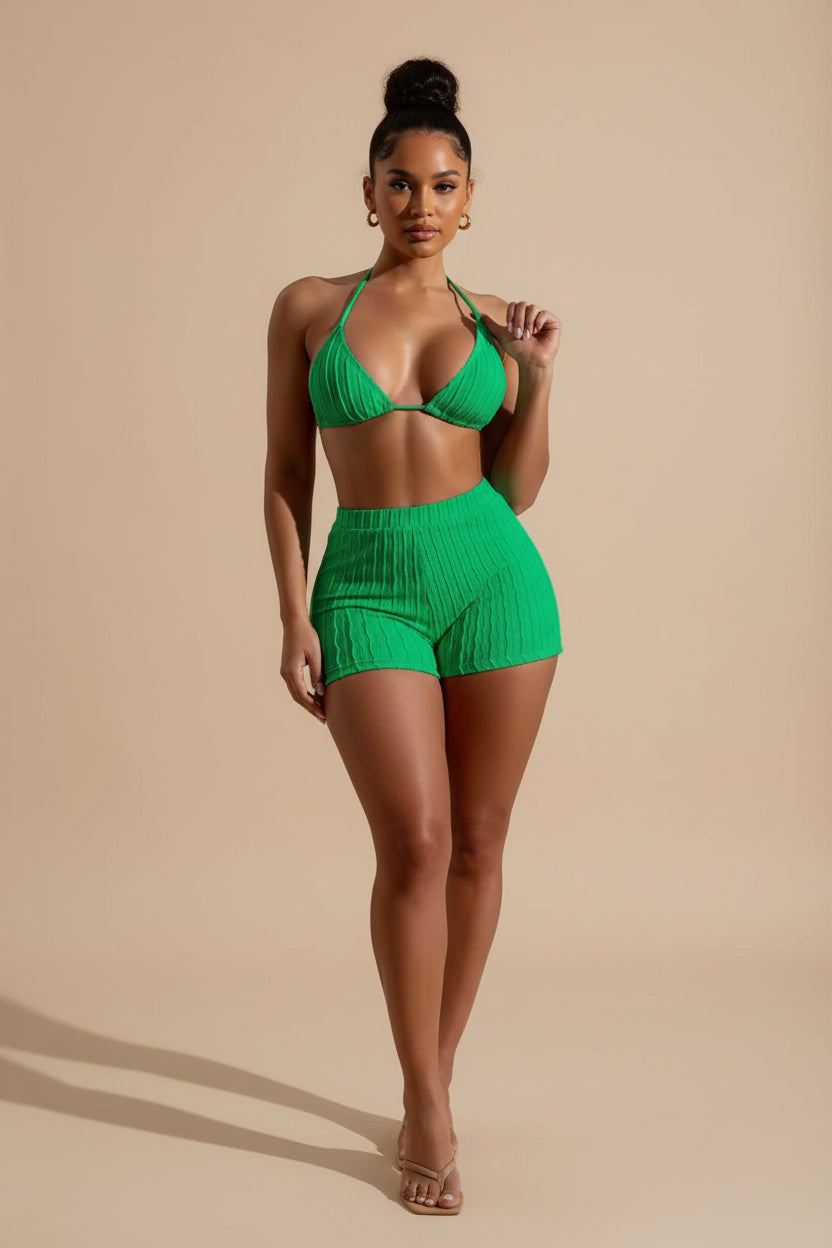 Lace-Up Textured Two-Piece Swim Set
