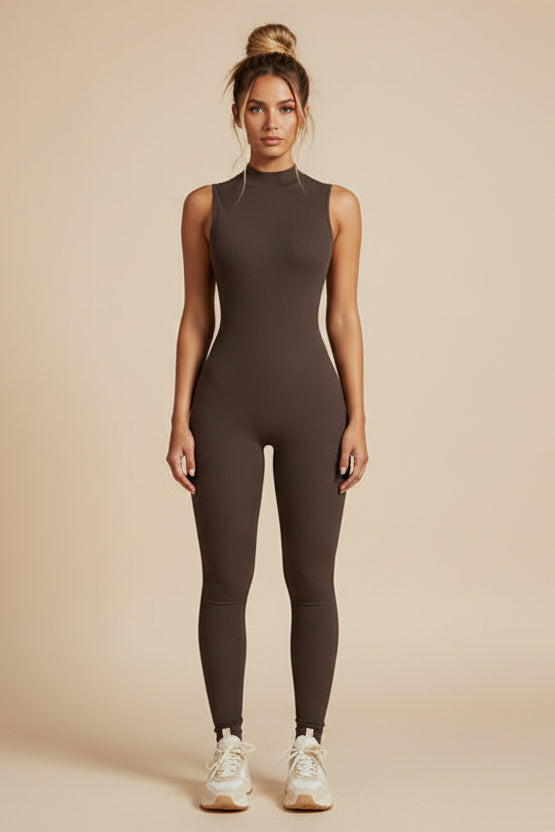 Brown sleeveless jumpsuit worn by a model on a white background