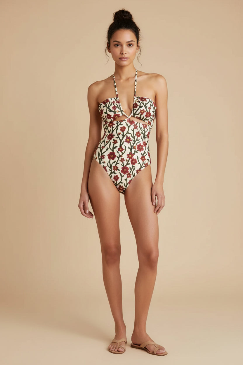 Retro Floral Print One‑Piece Swimsuit or Matching Wrap Skirt Cover‑Up