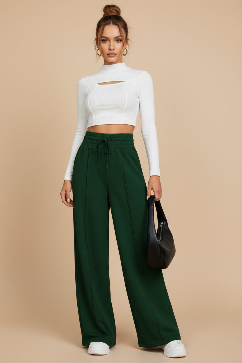 Loose Straight Leg Sweatpants – High Waist Drawstring Lounge Pants with Pockets