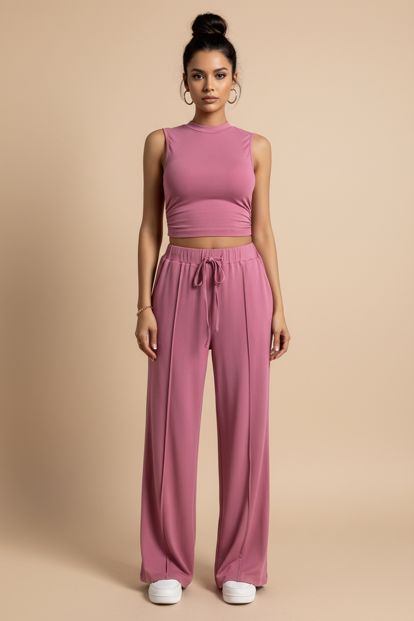 Ensemble haut à col rond et pantalon assorti