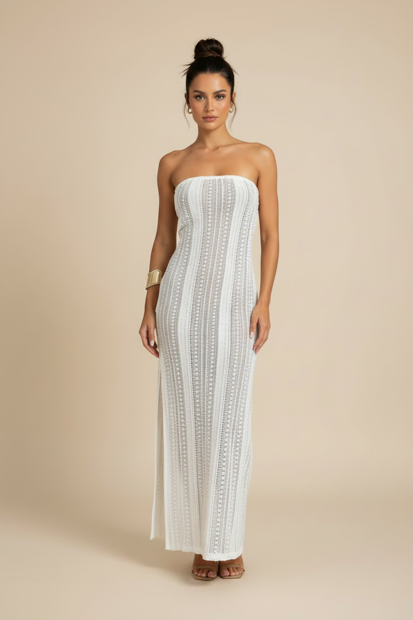 Strapless Crochet Knit Cover Up Maxi Dress