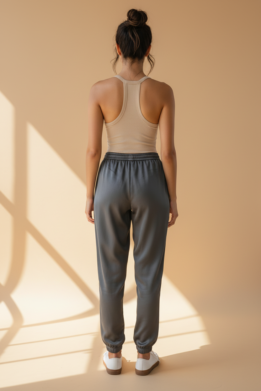 Woman wearing a beige tank top and gray pants against a white background
