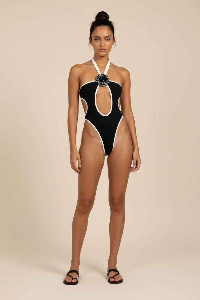 🌸 Maillot de bain sexy une pièce licou avec découpes et fleur 3D