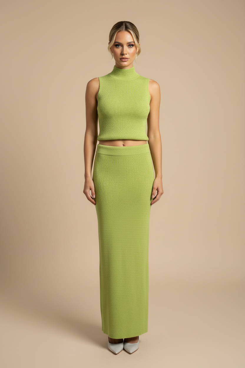 Ensemble tricoté jupe – Haut à col roulé sans manches et jupe longue assortie