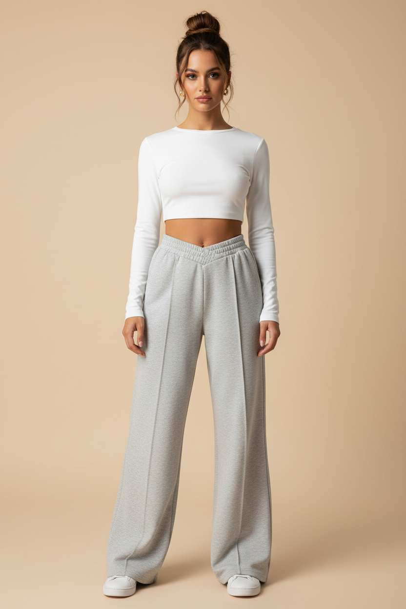 Grey Wide‑Leg Lounge Pants – High‑Waisted Knit Leisure Bottoms