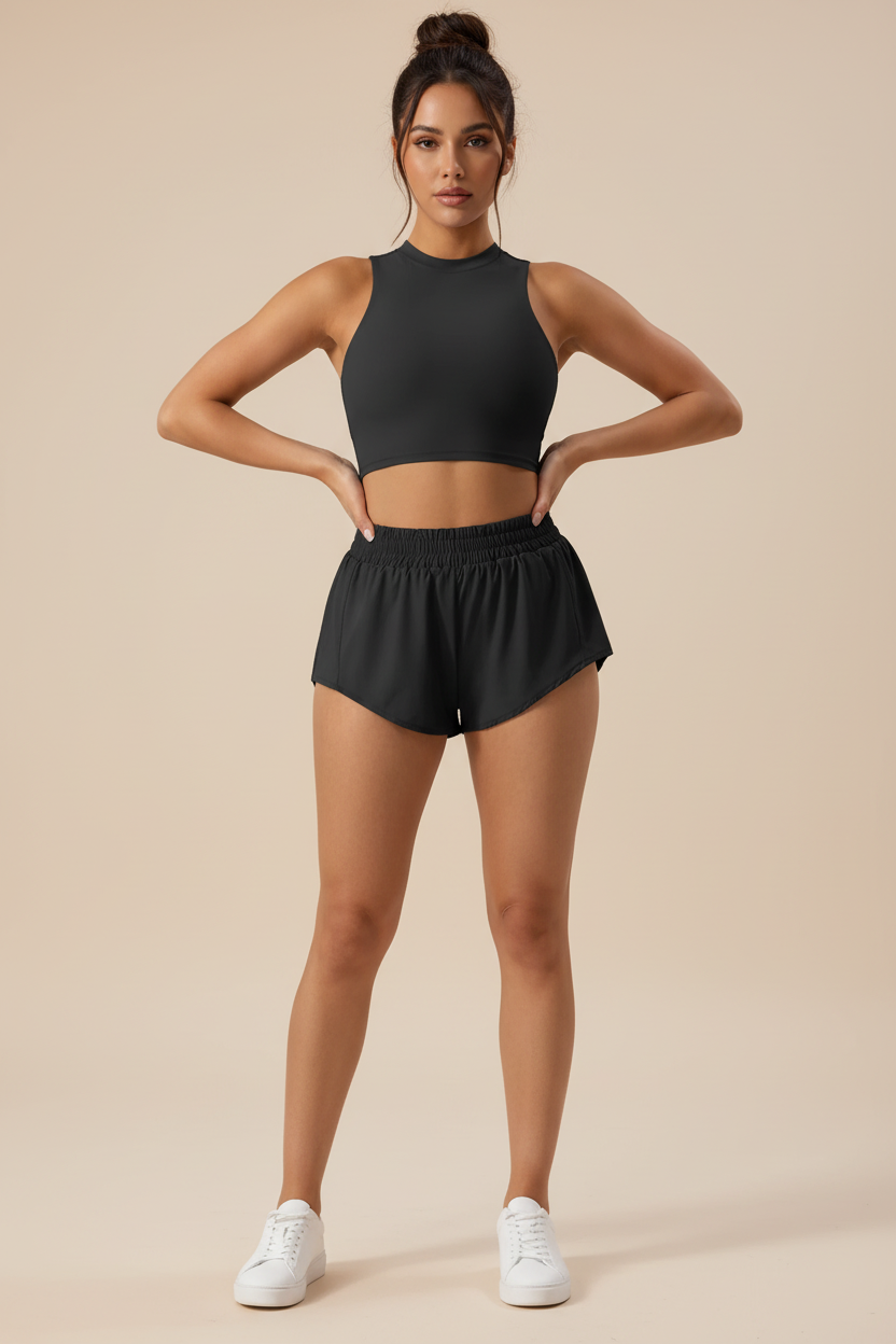 High‑Neck Athletic Set – Stretchy Cropped Tank & Elastic Waist Shorts
