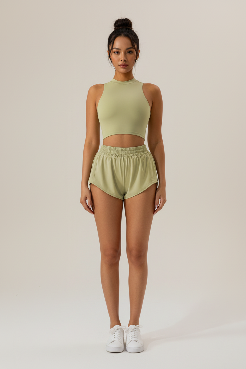 High‑Neck Athletic Set – Stretchy Cropped Tank & Elastic Waist Shorts