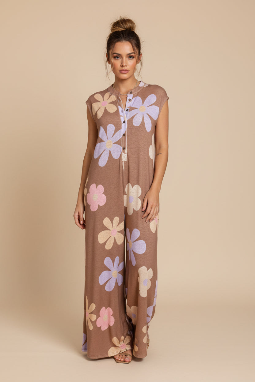 Floral Knit Sleeveless Jumpsuit with Round Neck