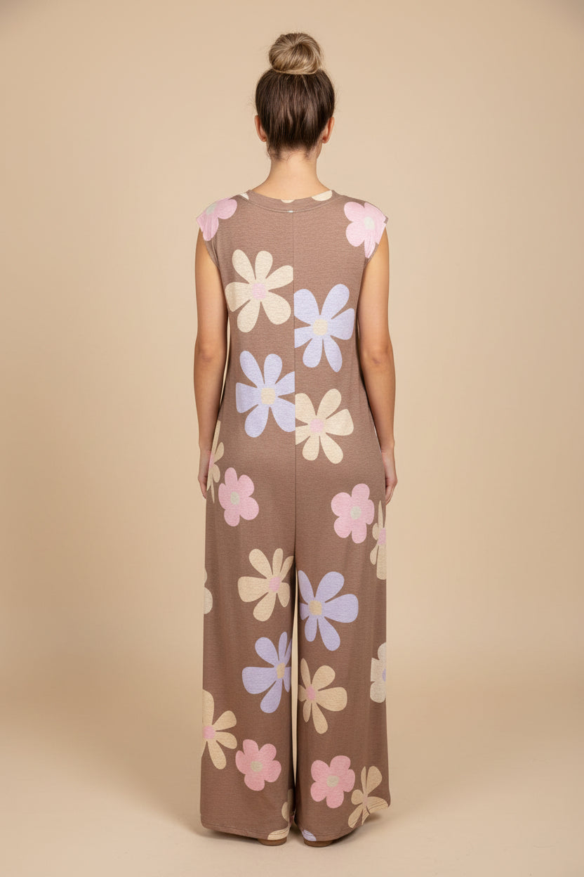 Floral Knit Sleeveless Jumpsuit with Round Neck
