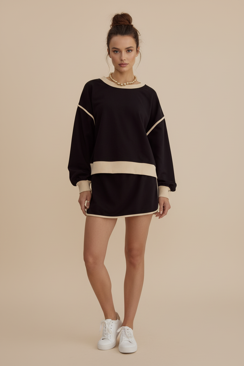 Casual Matching Lounge Set with Long Sleeve Top & Mini Skort