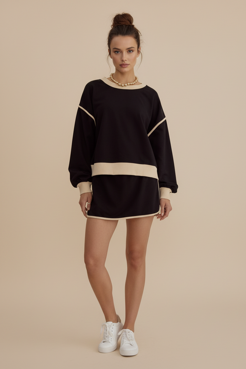 Casual Matching Lounge Set with Long Sleeve Top & Mini Skort