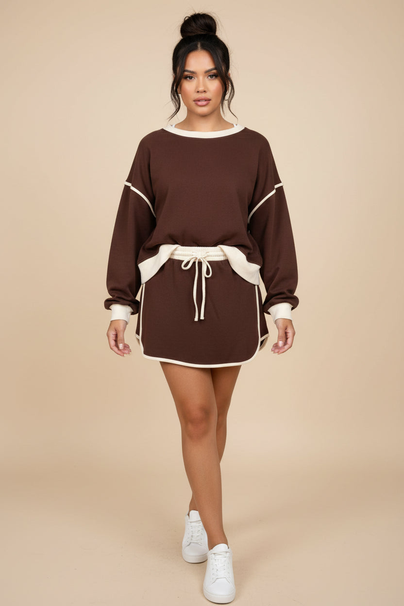 Casual Matching Lounge Set with Long Sleeve Top & Mini Skort