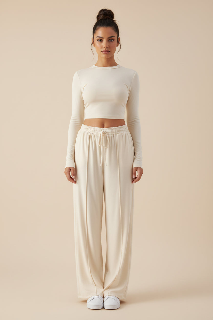Crew Neck Long Sleeve Top & Wide Leg Pants Set