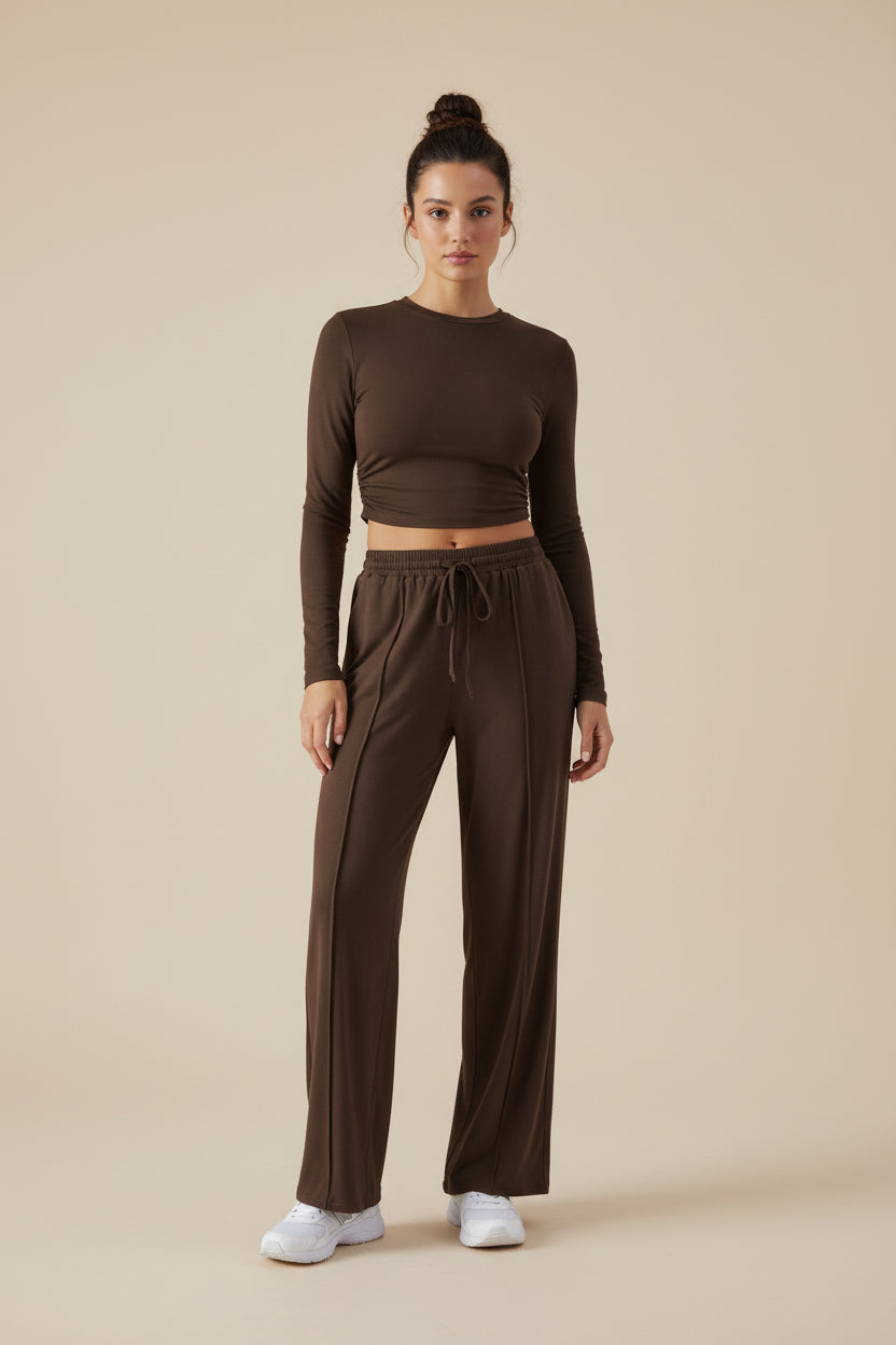 Crew Neck Long Sleeve Top & Wide Leg Pants Set