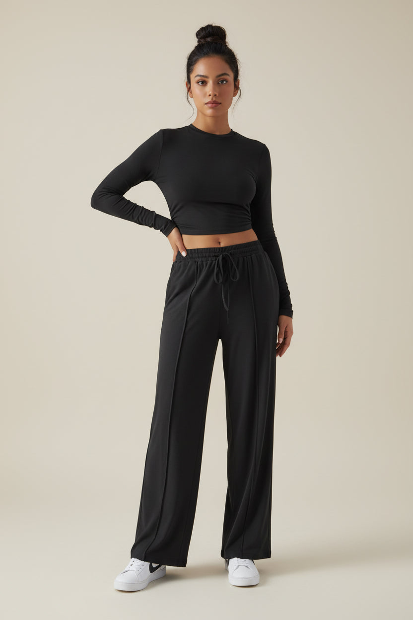 Crew Neck Long Sleeve Top & Wide Leg Pants Set