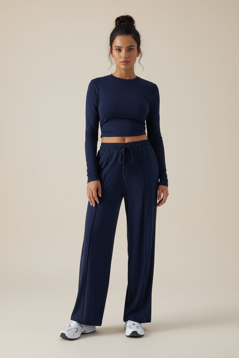 Crew Neck Long Sleeve Top & Wide Leg Pants Set