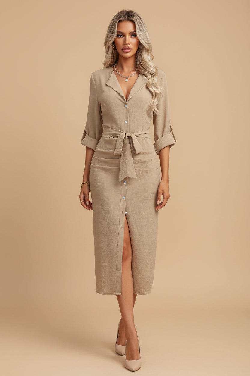 Daily Lapel Collar Woven Dress