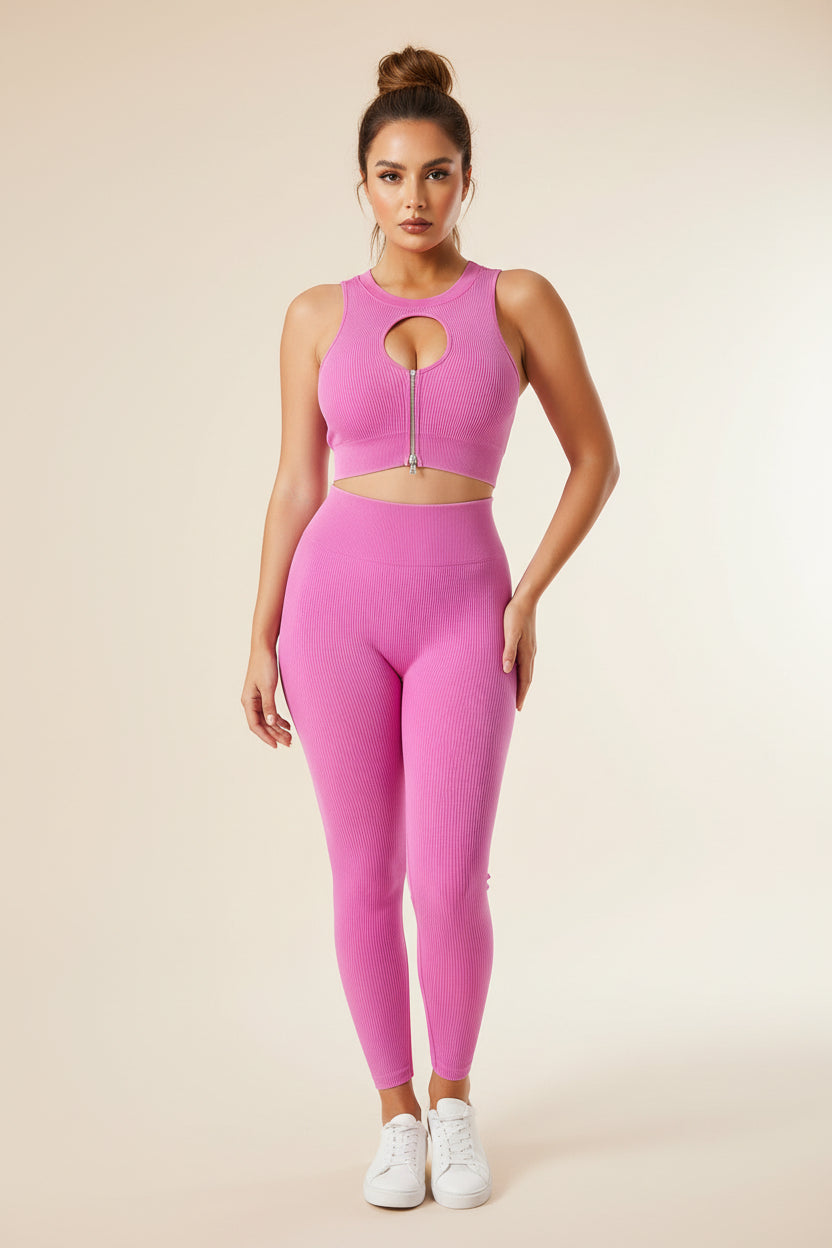 Ribbed Zip‑Front Sports Bra