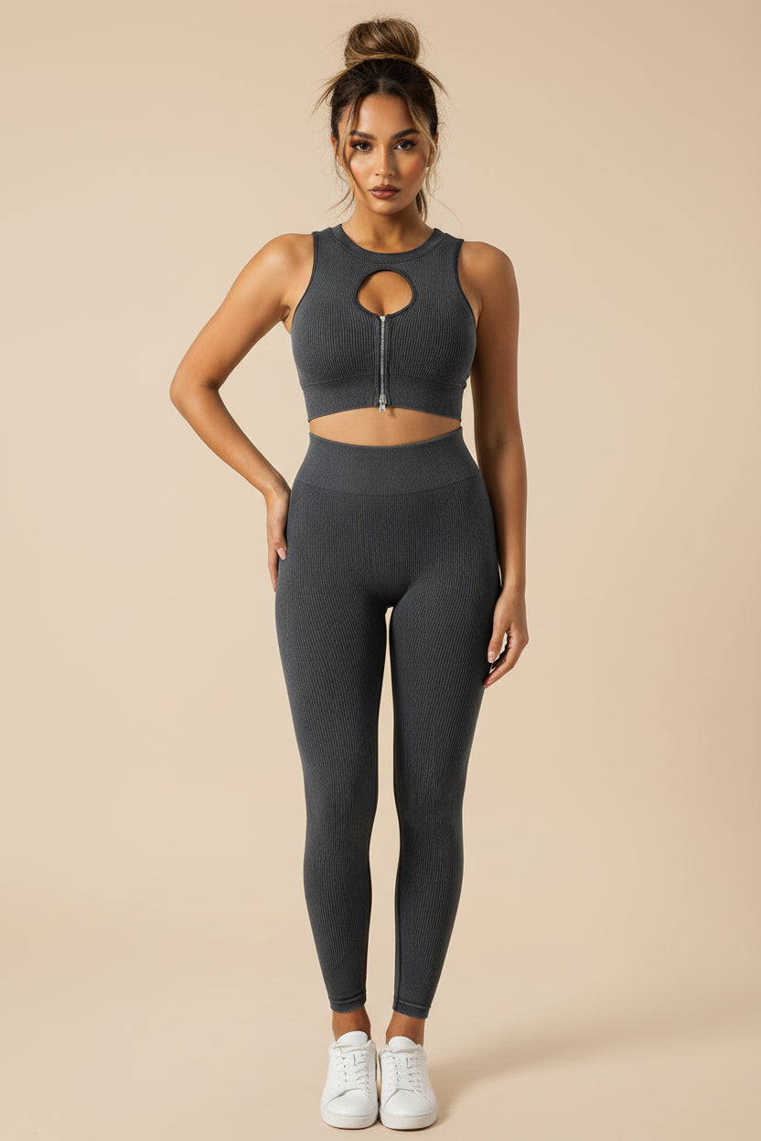 Ribbed Zip‑Front Sports Bra