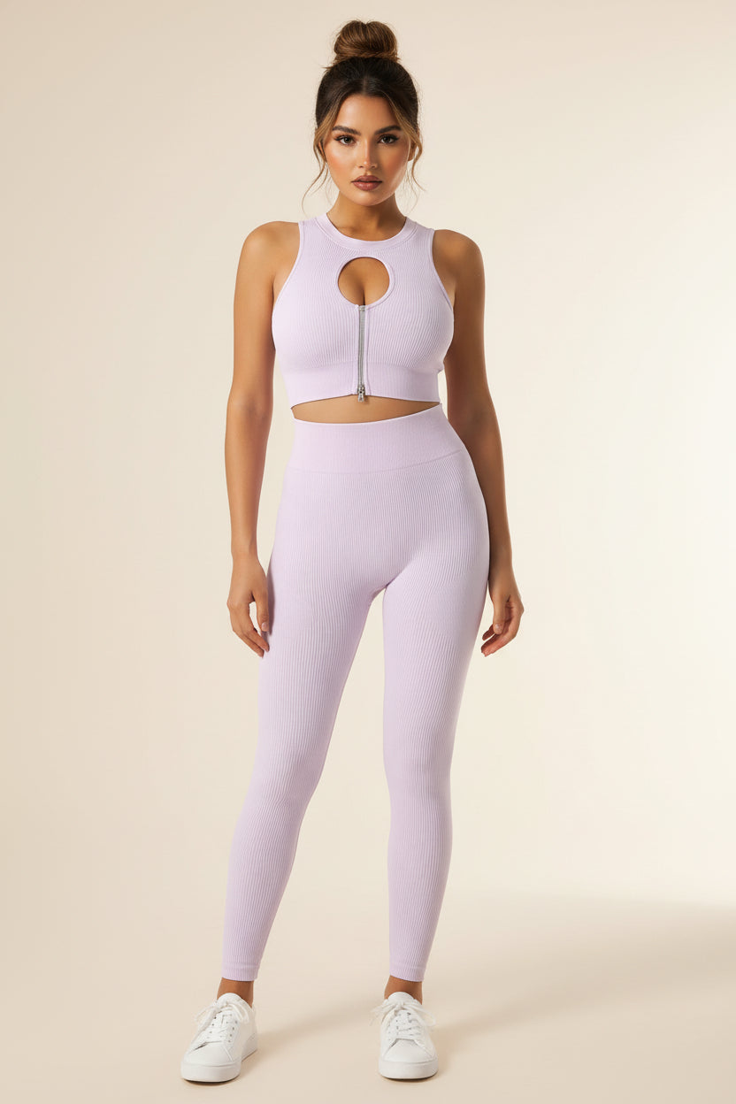 Ribbed Zip‑Front Sports Bra