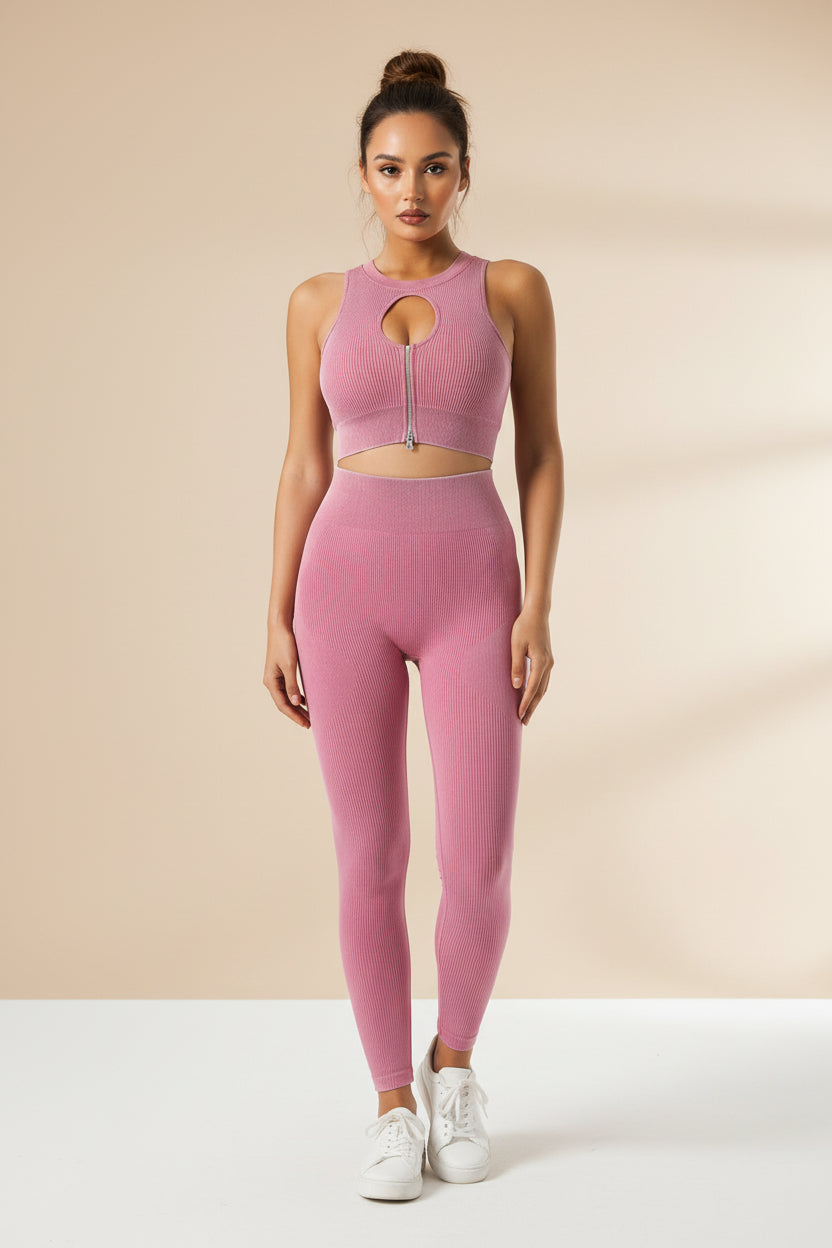 Ribbed Zip‑Front Sports Bra