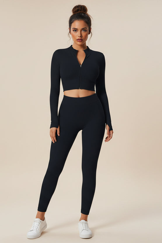 Ribbed Zip‑Up Crop Top