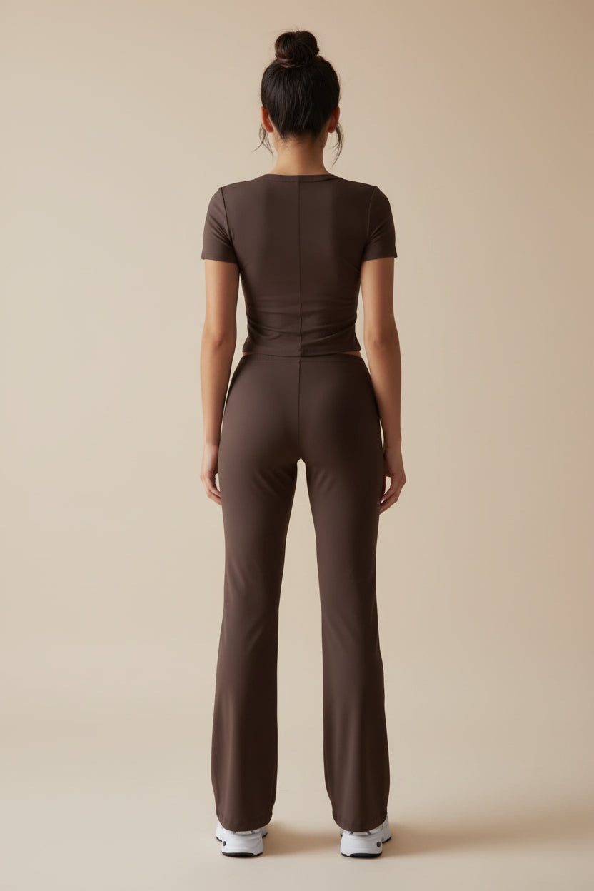 U-neck T-shirt and trousers knitted two-piece set