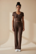U-neck T-shirt and trousers knitted two-piece set