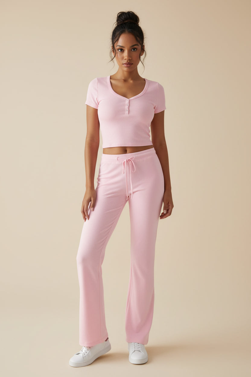 U-neck T-shirt and trousers knitted two-piece set