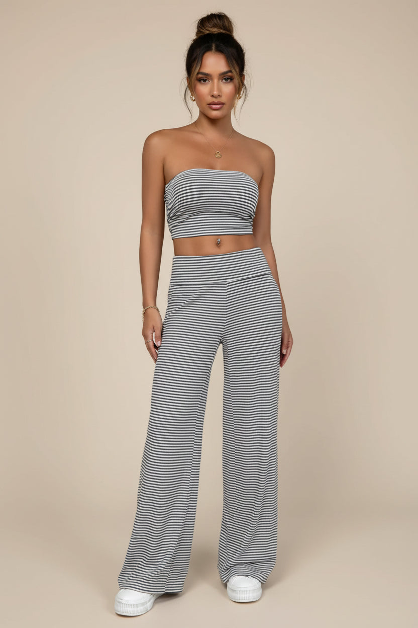 Navel-baring tube top short striped two-piece casual home long pants suit