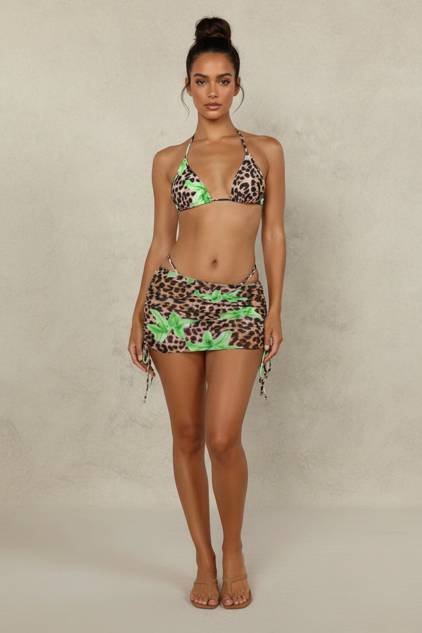 Leopard Print 3 Piece Bikini Set with Cover Up Skirt