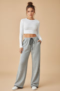 Graue weite Jogginghose – High Waist Freizeithose mit Kordelzug und Taschen